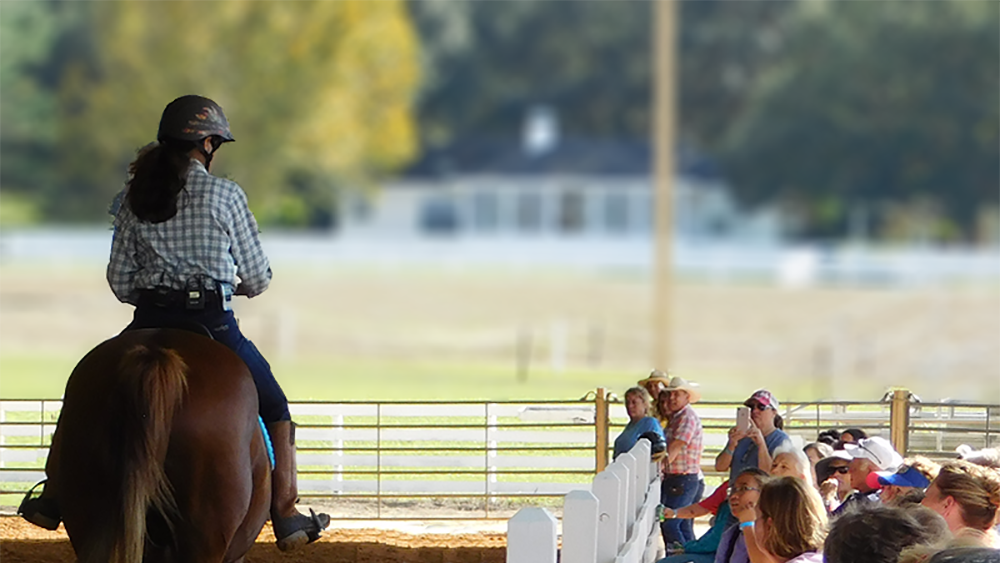 Julie riding in a clinic