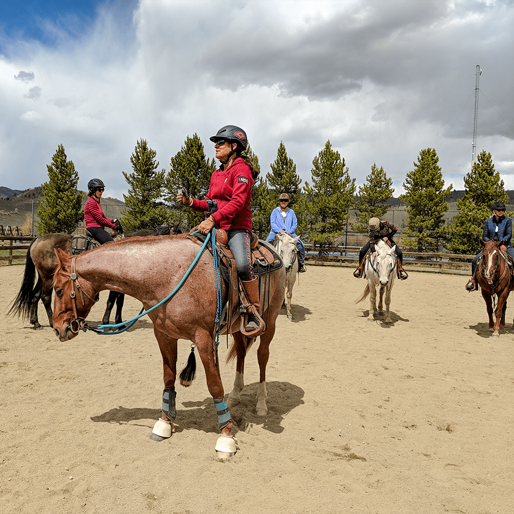 Julie teaching at her C Lazy U Ranch clinic on Pepper.